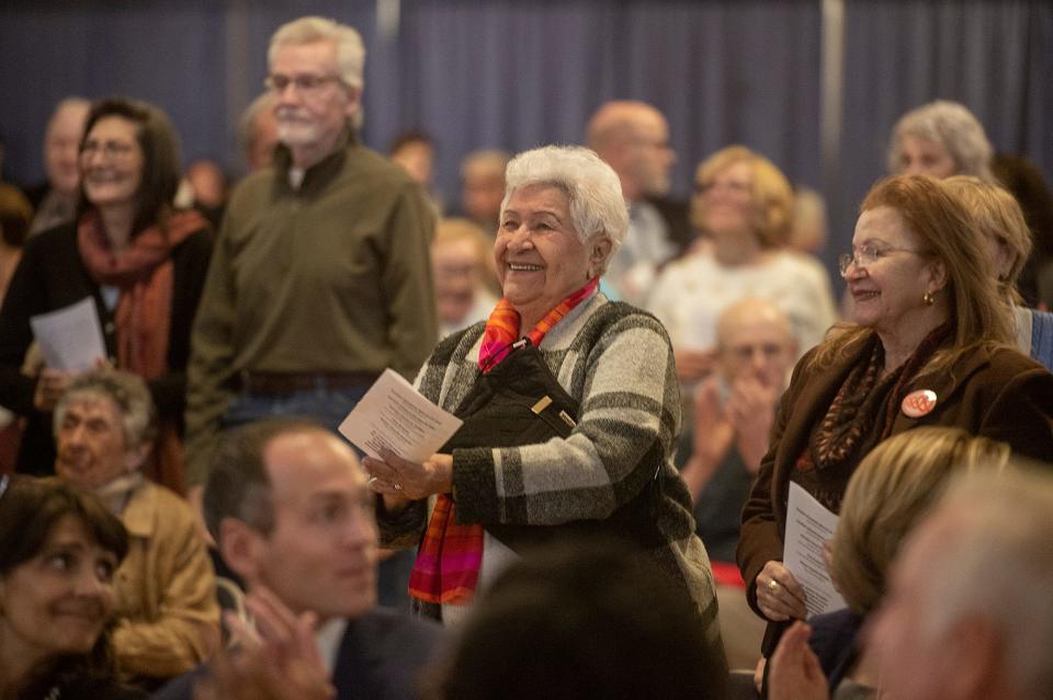 Rose Walsh was among the Framingham Heart Study participants who were asked to stand and be acknowledged during Monday's 75th anniversary celebration of the Heart Study at Nevins Hall in Framingham, April 8, 2024.