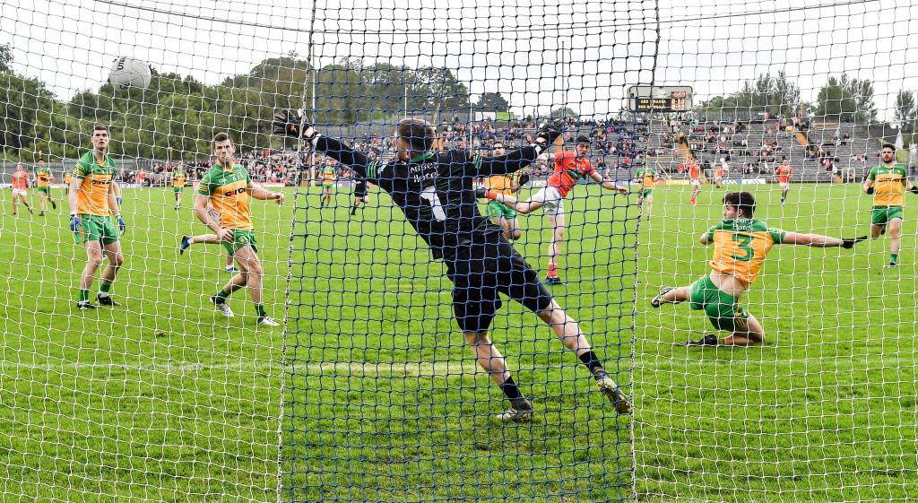 Rory Grugan scores against Donegal at Clones in 2022