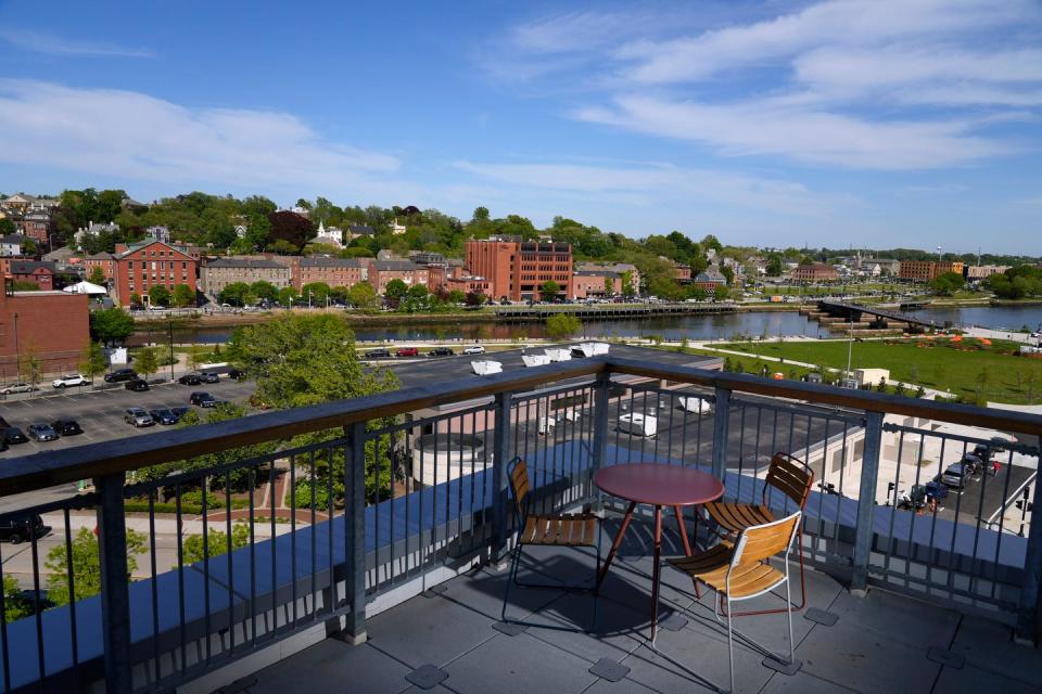 There are river views from the Blu Violet rooftop at the Aloft Providence.