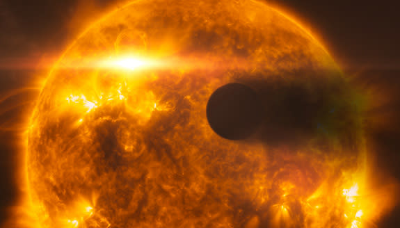 This artist’s impression shows exoplanet HD 189733b, as it passes in front of its parent star, called HD 189733A. Hubble’s instruments observed the system in 2010, and in 2011 following a large flare from the star (depicted in the image).