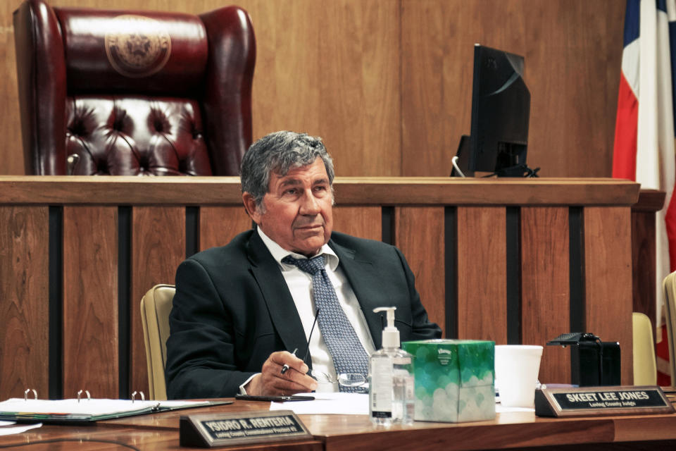 Image: County Judge Skeet Jones at a commissioners' court meeting in Mentone, Texas, on May 9, 2022. (Sarah M. Vasquez for NBC News)