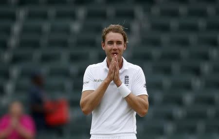 England's Stuart Broad reacts after making a delivery during the third cricket test match against South Africa in Johannesburg, South Africa, January 14, 2016. REUTERS/Siphiwe Sibeko