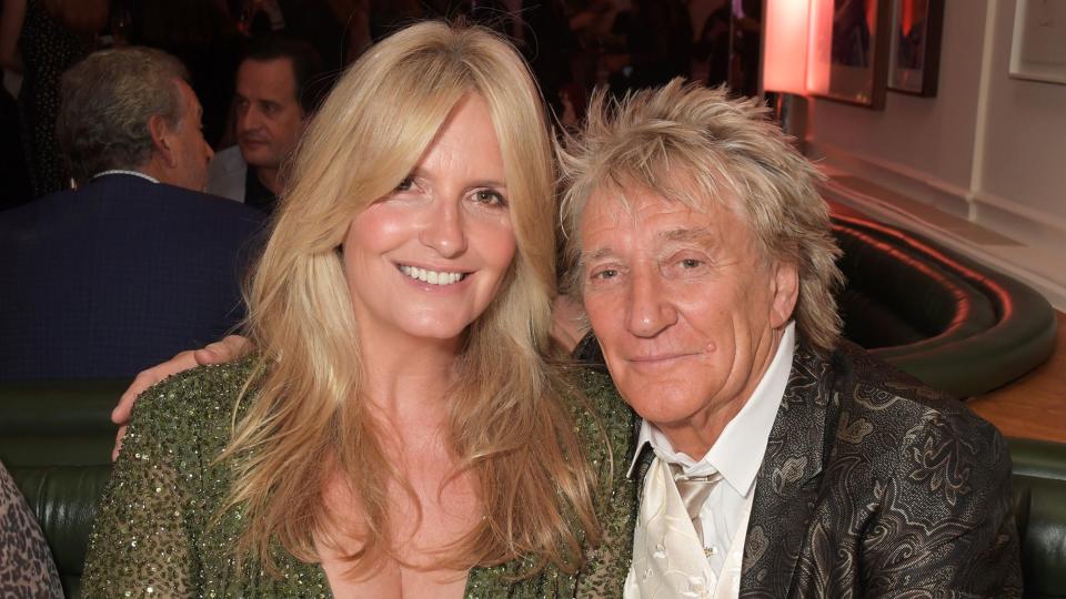 Penny Lancaster and Sir Rod Stewart attend the Langan's Launch Night on October 28, 2021 in London, England