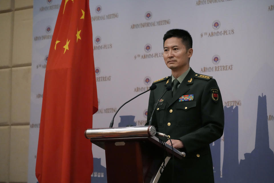 China's Defense Ministry spokesman Tan Kelei attends a press conference in the venue of the Association of Southeast Asian Nations, ASEAN, Defense Ministers' Meeting in Siem Reap, Cambodia, Tuesday, Nov. 22, 2022. (AP Photo/Heng Sinith)