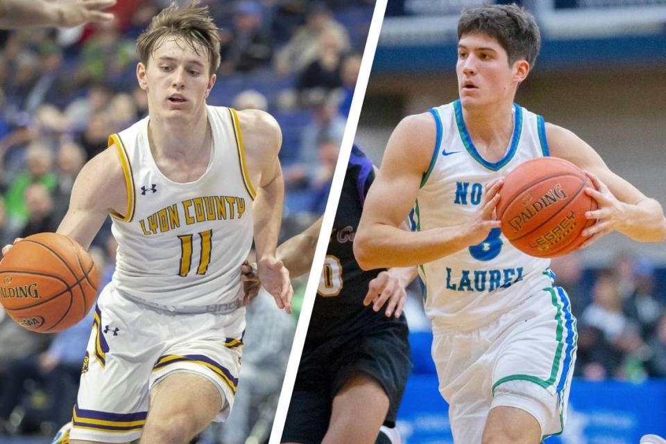 Lyon County boys basketball star Travis Perry (11) and former North Laurel star Reed Sheppard are two of the 10 finalists for the 2023 Lexington Herald-Leader Kentucky Sports Figure of the Year Award. The winner will be revealed Tuesday morning on Kentucky.com around 9 a.m.