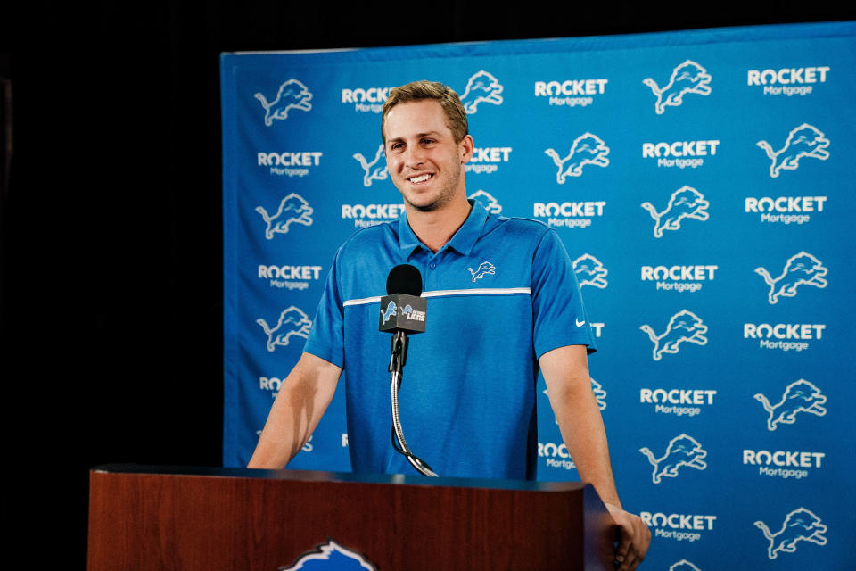 Lions quarterback Jared Goff speaks to the media during the news conference in Allen Park on Friday, March 19, 2021.