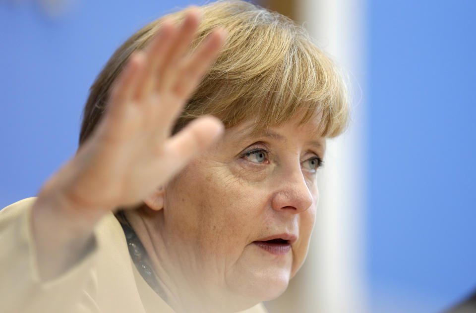 FILE - In this Sept. 17, 2012 file photo, German Chancellor Angela Merkel gestures during a press conference in Berlin. Germany's main opposition party is itching to end Angela Merkel's 7-year grip on power — but with elections a year away, there is no challenger in place and little sign of a winning strategy. (AP Photo/Markus Schreiber, File)