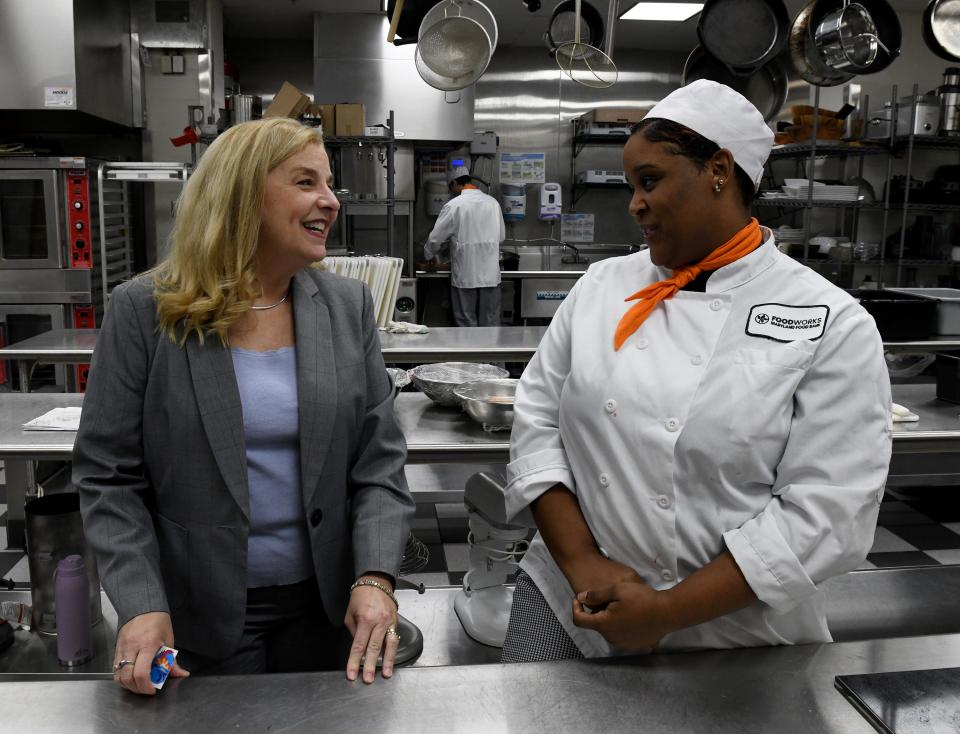 Kristin Mallory, vice-president of academic affairs, talke with culinary student Ayrias Siggers Wednesday, Nov. 30, 2022, at the Wor-Wic Community College in Salisbury, Maryland. 