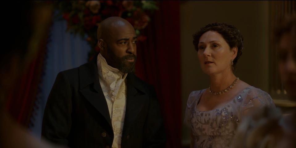 Daniel Francis as Lord Marcus Anderson and Ruth Gemmell as Lady Violet Bridgerton on season three of "Bridgerton."