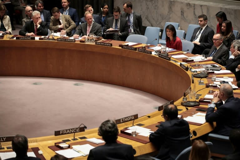 U.S. Ambassador to the United Nations Nikki Haley delivers remarks during a meeting of the United Nations Security Council concerning the situation in Syria, at UN headquarters, April 7, 2017 in New York City