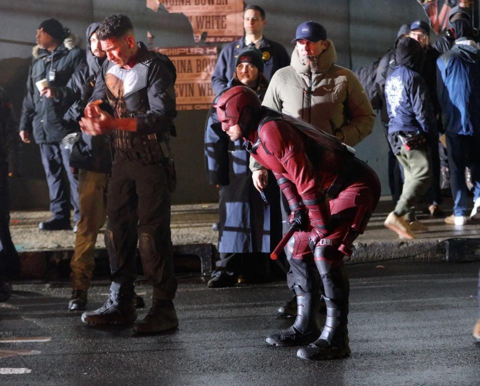 jon bernthal as the punisher, charlie cox as daredevil filming daredevil born again in new york