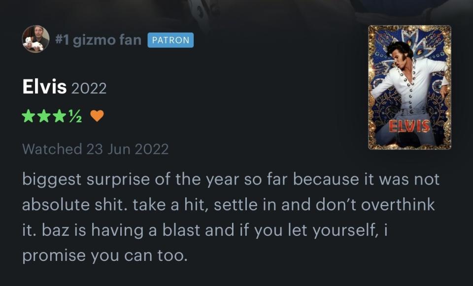 Letterboxd comment for Elvis film