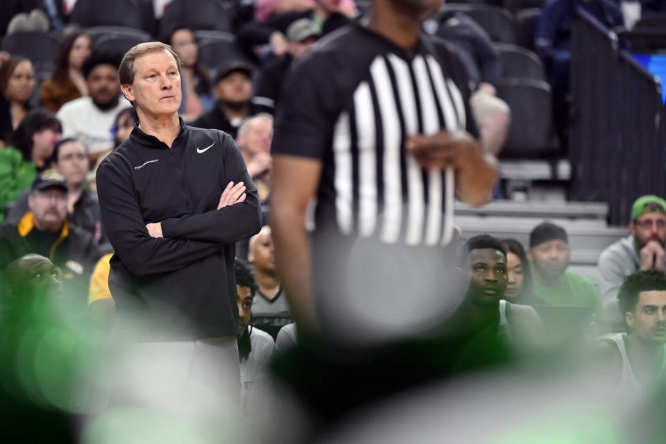 Oregon head coach Dana Altman looks on during the second half of an NCAA college basketball game against Washington State in the quarterfinals of the Pac-12 Tournament, Thursday, March 9, 2023, in Las Vegas. (AP Photo/David Becker)
