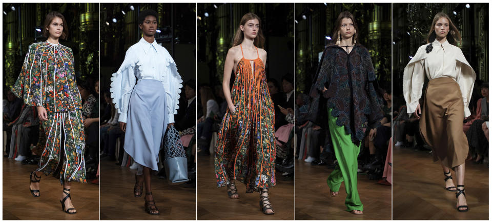 This combination of photos show models wearing creations from the Stella McCartney Ready To Wear Spring-Summer 2020 collection during Paris Fashion Week on Sept. 30, 2019. For more than a decade McCartney has been in the sustainability fight. Her latest collection was her most sustainable yet, using organic cotton, recycled polyester, sustainable viscose and traceable wool. (Photos by Vianney Le Caer/Invision/AP)