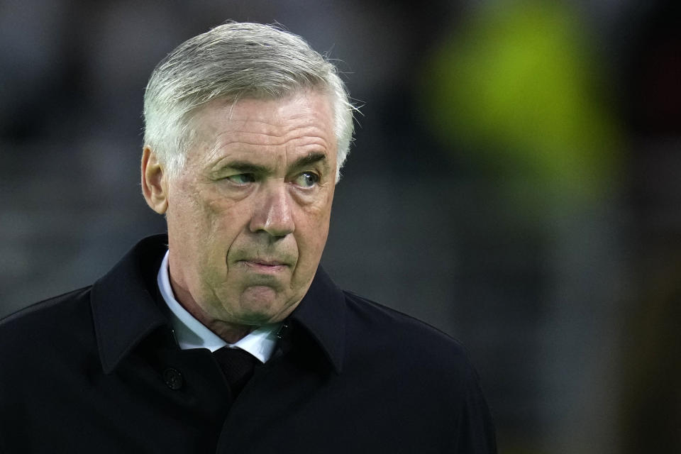 Real Madrid head coach Carlo Ancelotti looks on before the FIFA Club World Cup semi final match between Al Ahly and Real Madrid at Prince Moulay Abdellah stadium in Rabat, Morocco, Wednesday, Feb. 8, 2023. (AP Photo/Manu Fernandez)