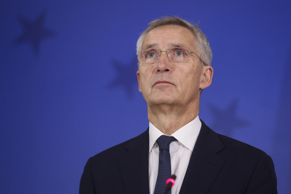 NATO Secretary General Jens Stoltenberg attends a joint news conference with the President of the Council of Ministers of Bosnia and Herzegovina, Borjana Kristo, in Sarajevo, Bosnia, Monday, Nov. 20, 2023. (AP Photo/Armin Durgut)