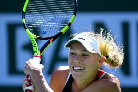 Mar 12, 2018; Indian Wells, CA, USA; Caroline Wozniacki (DEN) during her third round match against Aliaksandra Sasnovich (not pictured) in the BNP Paribas Open at the Indian Wells Tennis Garden. Mandatory Credit: Jayne Kamin-Oncea-USA TODAY Sports