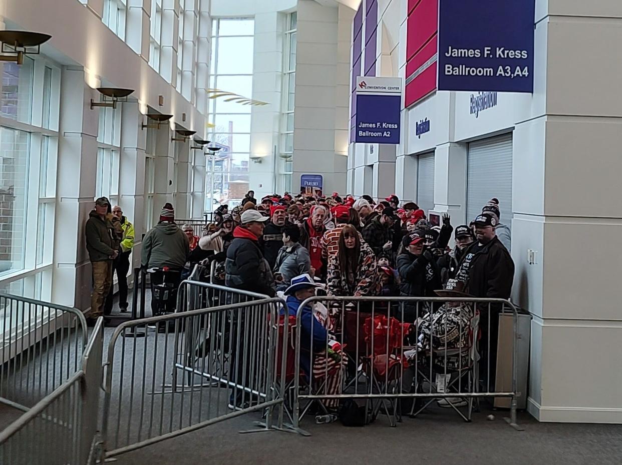 The line started forming in the morning for Republican Donald Trump's rally on Tuesday, April 2, 2024, at the KI Convention Center in downtown Green Bay.