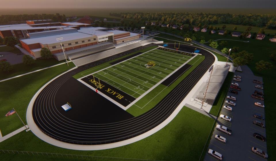 This rendering shows the concept of the planned stadium, which will be near the new campus for the Cuyahoga Falls City School District's sixth through 12th grade students.