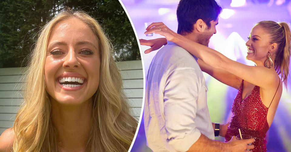 L: Jacqui Purvis smiles at the camera. R: Ethan Browne and Jacqui Purvis dance at a club on Home and Away