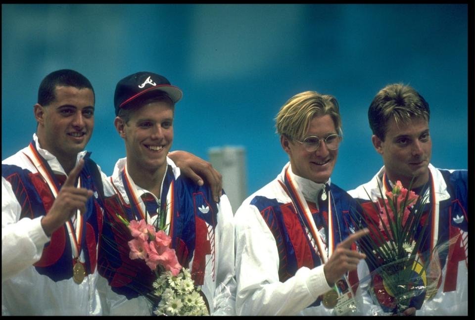 Troy Dalbey, third from left, celebrates winning gold at the 1988 Olympics in Seoul, South Korea. (Getty Images)