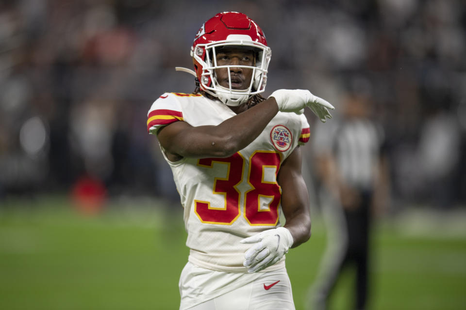 Kansas City Chiefs cornerback L'Jarius Sneed (38) before playing the Las Vegas Raiders during an NFL Professional Football Game Sunday, Nov. 14, 2021, in Las Vegas. (AP Photo/John McCoy)