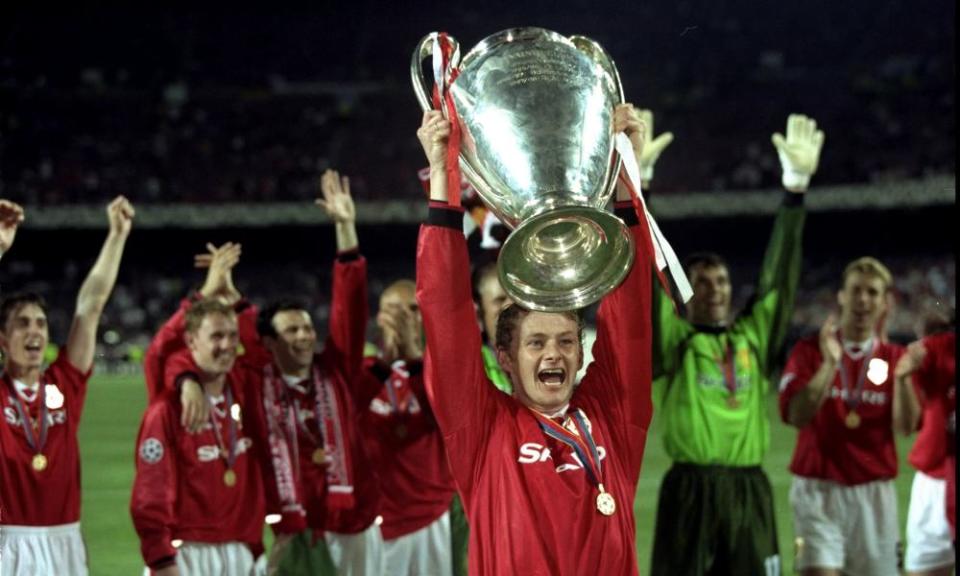 Ole Gunnar Solskjær lifts the European Cup in 1999.