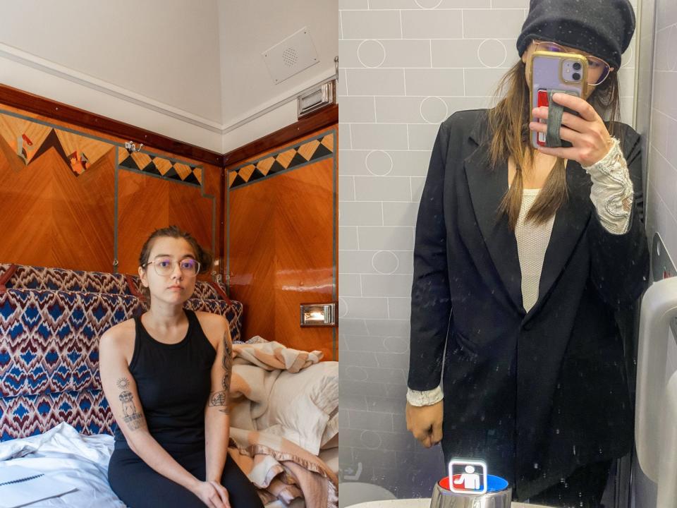 Left: The author looks on while sitting in a train bunk in a historic cabin with wood finishings. Right: The author takes a selfie in an airport bathroom