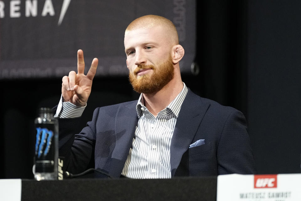 LAS VEGAS, NEVADA - MARCH 02: Bo Nickal poses on stage during the UFC 285 Press Conference at the KA Theatre at MGM Grand Hotel & Casino on March 02, 2023 in Las Vegas, Nevada. (Photo by Jeff Bottari/Zuffa LLC via Getty Images)