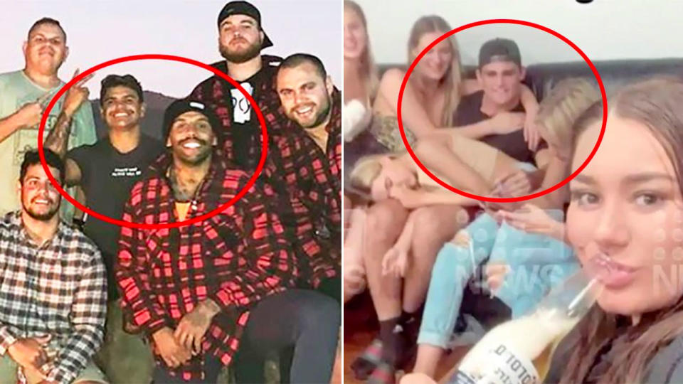 Latrell Mitchell and Josh Addo-Carr (pictured left) on a camping trip and Nathan Cleary (pictured right) have all been fined by the NRL. (Images: Instagram/Channel Nine)