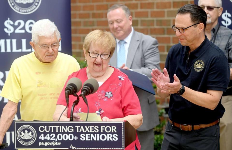 Pennsylvania Governor Josh Shapiro applauds Darlene Harper who spoke about how the expanded Property Tax/Rent Rebate program for seniors will help her on Thursday, June 27, 2024 outside of the Philipsburg Senior Resource Center.