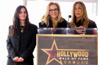 <p>Actors Jennifer Aniston and Lisa Kudrow speak during Courteney Cox's star unveiling ceremony on the Hollywood Walk of Fame in Los Angeles, California, U.S.,</p> 