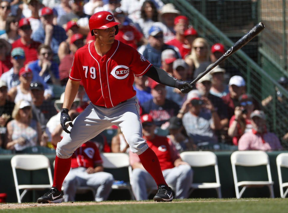 Nick Senzel can rake, and there’s a need for his services in Cincy. (AP Photo/Matt York)