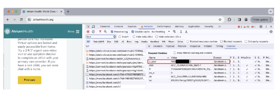 A screenshot filed in a federal lawsuit shows how Atrium Health allowed Facebook to get patient information to use for targeted ads.