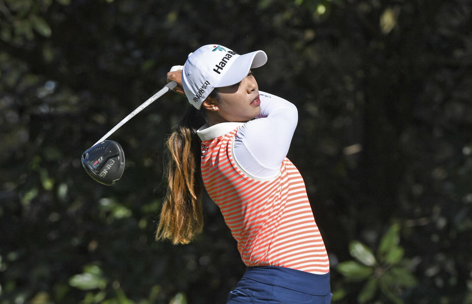 Patty Tavatanakit of Thailand plays a tee shot on the first hole during the third round of the Gainbridge LPGA golf tournament Thursday, Sept. 27, 2021, in Orlando, Fla. (AP Photo/Stan Badz)