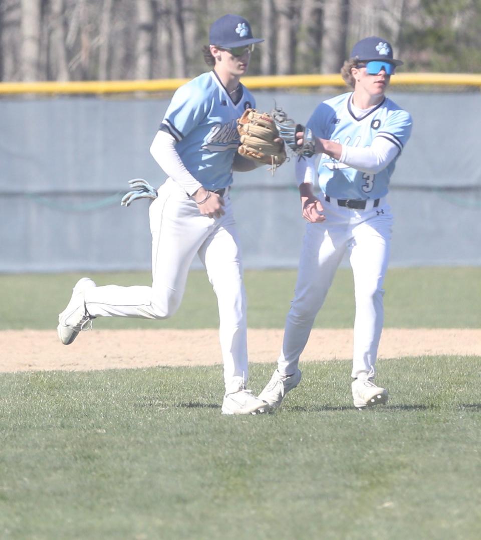 York's Brody Gullison, left, and Conor Fell walk off the field after an inning during Thursday's season-opening 8-4 win over Fryeburg Academy.