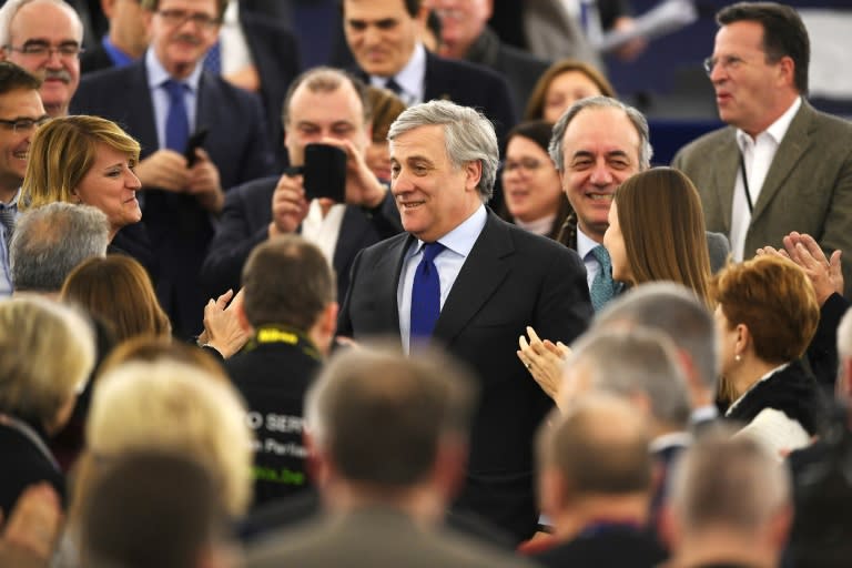 The European Parliament's new President Antonio Tajani (C) is congratulate by members of European Parliament following his election in Strasbourg, eastern France, on January 17, 2017