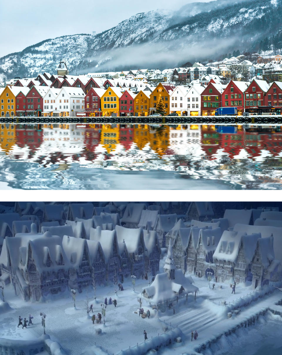 Im direkten Bildervergleich wird die Ähnlichkeit zwischen Bergen in Norwegen und Arendelle noch deutlicher. (Bilder: Getty Images / Disney)