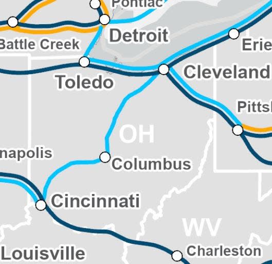 A closer look at the Ohio portion of a map that Amtrak released March 31. The map shows where Amtrak could expand service if it gets $80 billion in federal aid. The dark lines show Amtrak's national network. The light lines show where there would be new service or possible new service.