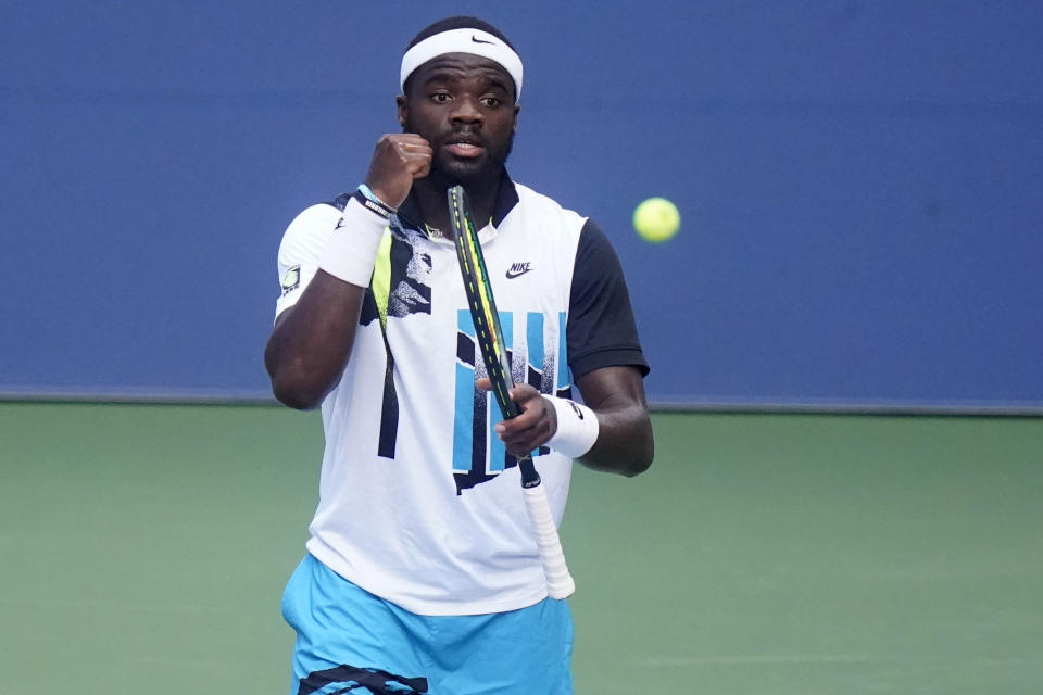 Frances Tiafoe, of the United States, reacts after winning a match against Marton Fucsovics, of Hungary, during the third round of the US Open tennis championships, Saturday, Sept. 5, 2020, in New York. (AP Photo/Frank Franklin II)