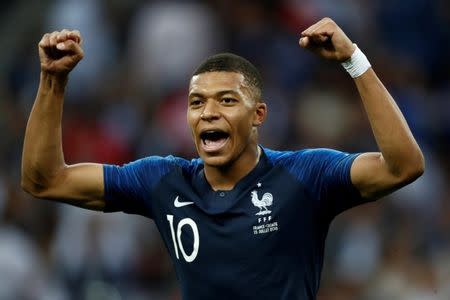 Soccer Football - World Cup - Final - France v Croatia - Luzhniki Stadium, Moscow, Russia - July 15, 2018 France's Kylian Mbappe celebrates scoring their fourth goal REUTERS/Damir Sagolj