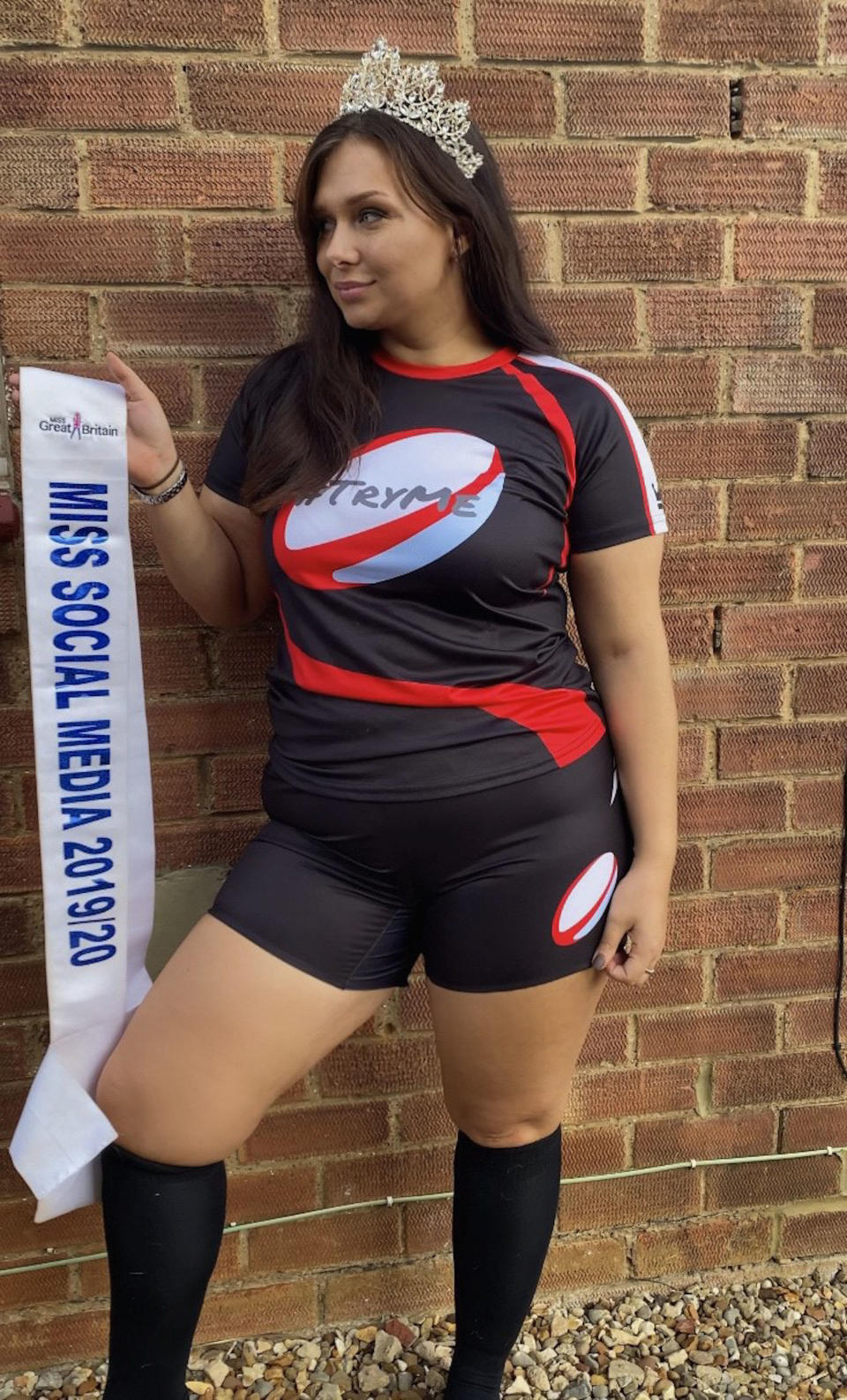 Beauty Queen Danielle in her rugby kit and with her sash and crown when she was Miss Social Media.  