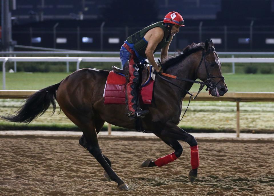 Exercise rider Margarito Fierro aboard the Greg Foley-trained Bango at Churchill Downs on Oct. 4, 2023.