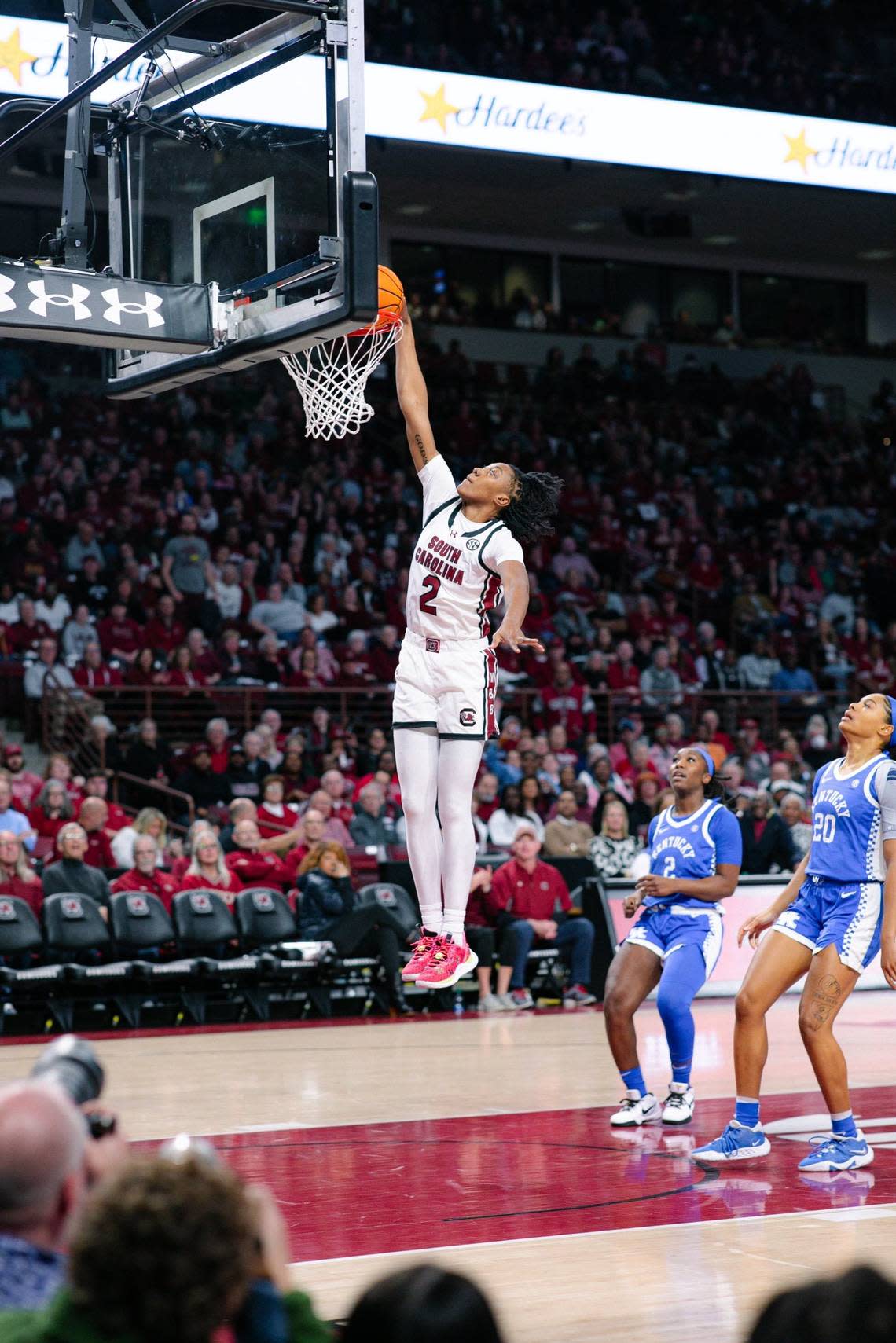 Ashlyn Watkins, a 6-foot-3 forward for South Carolina, stole the ball from Kentucky’s Amiya Jenkins (20) and broke away for a dunk during the first quarter in Columbia on Monday night.