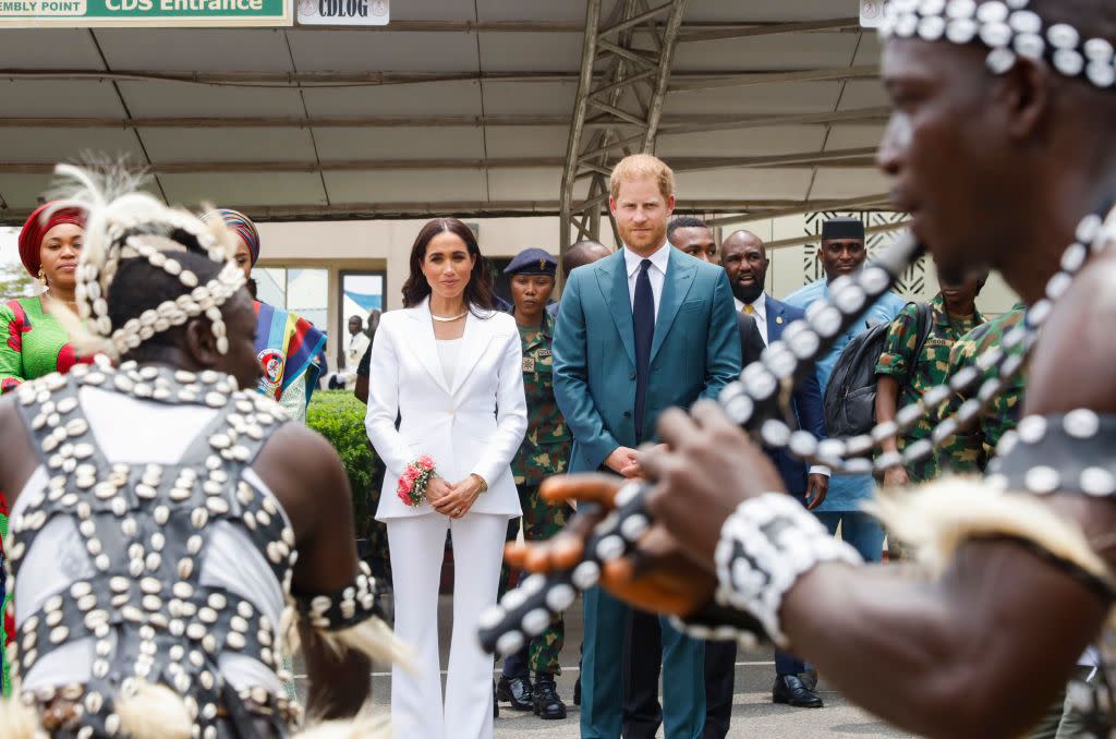 abuja, nigeria may 10 editorial use only prince harry, duke of sussex and meghan, duchess of sussex meet with the chief of defence staff of nigeria at the defence headquarters in abuja on may 10, 2024 in abuja, nigeria photo by andrew esiebogetty images for the archewell foundation