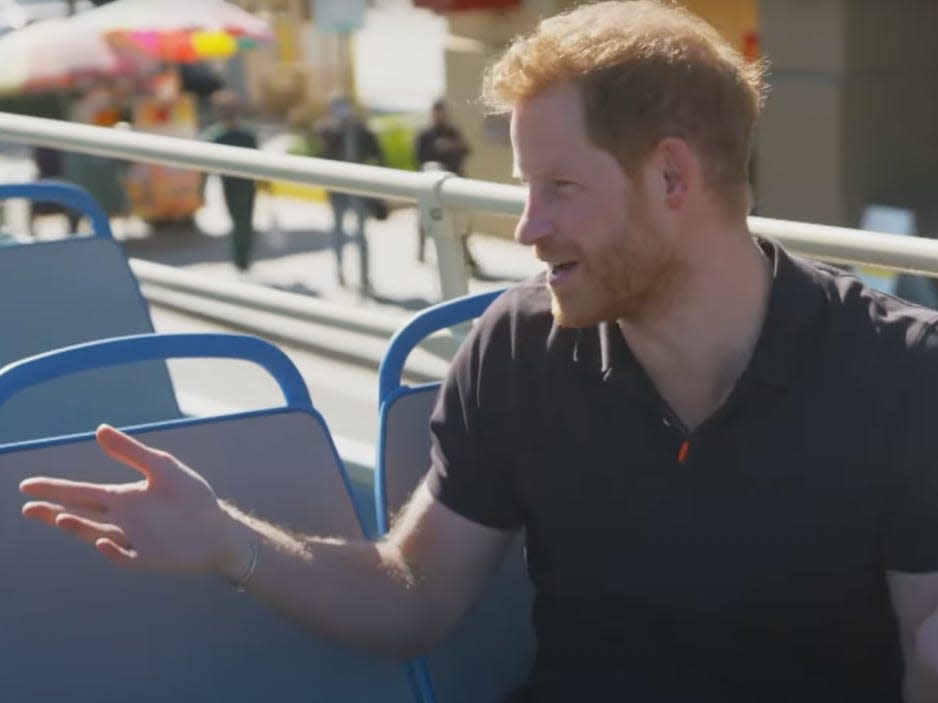 Prince Harry on an open-top bus in Los Angeles for The Late Late Show.