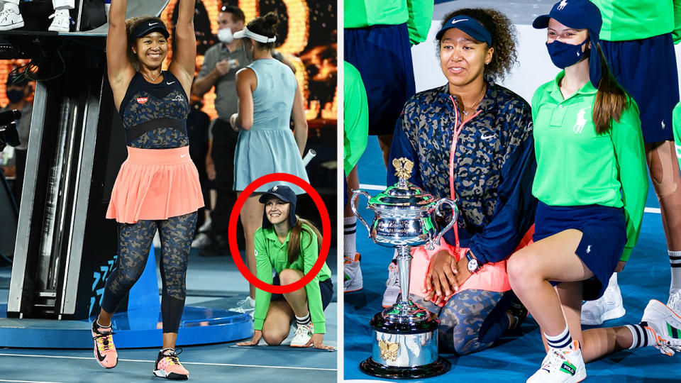 Australian Open champion Naomi Osaka has shouted out a ball girl pictured beaming in the moments after she won her fourth grand slam title. Pictures: Getty Images