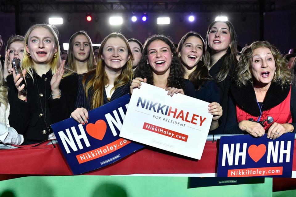 PHOTO: Supporters of Republican presidential hopeful and former UN Ambassador Nikki Haley react as results come in for the New Hampshire primaries during a watch party in Concord, N.H., on Jan. 23, 2024. (Joseph Prezioso/AFP via Getty Images)