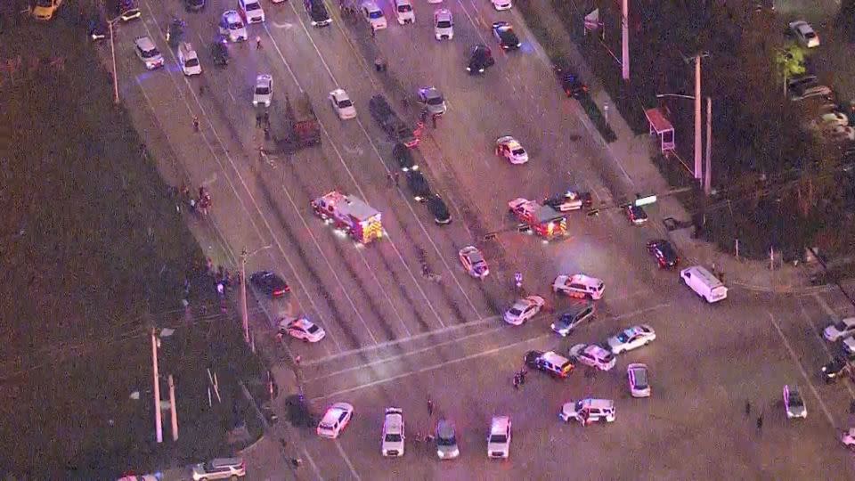 Aerial footage shows law enforcement vehicles sprawled across the Miramar intersection where the shootout took place. - WSVN