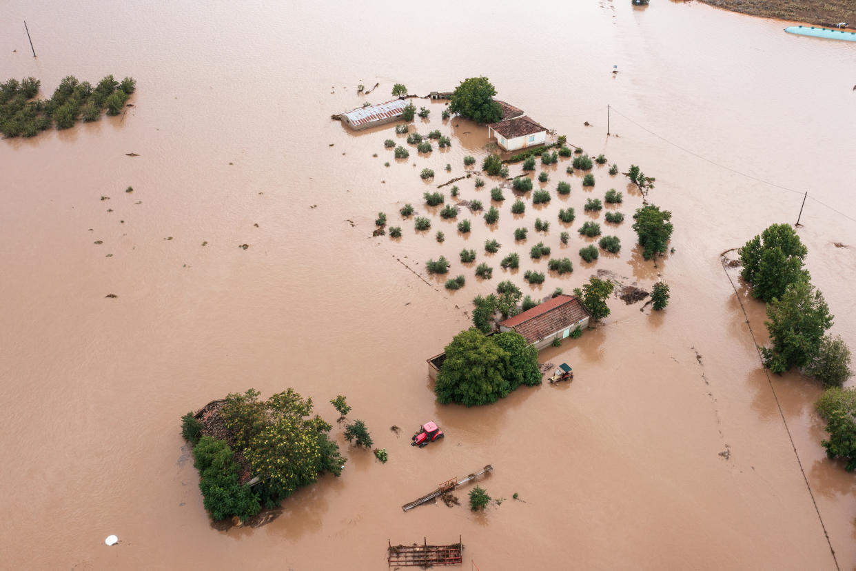 Buildings stranded by floodwaters from Storm Daniel in the village of Kastro, Greece, on Thursday. 